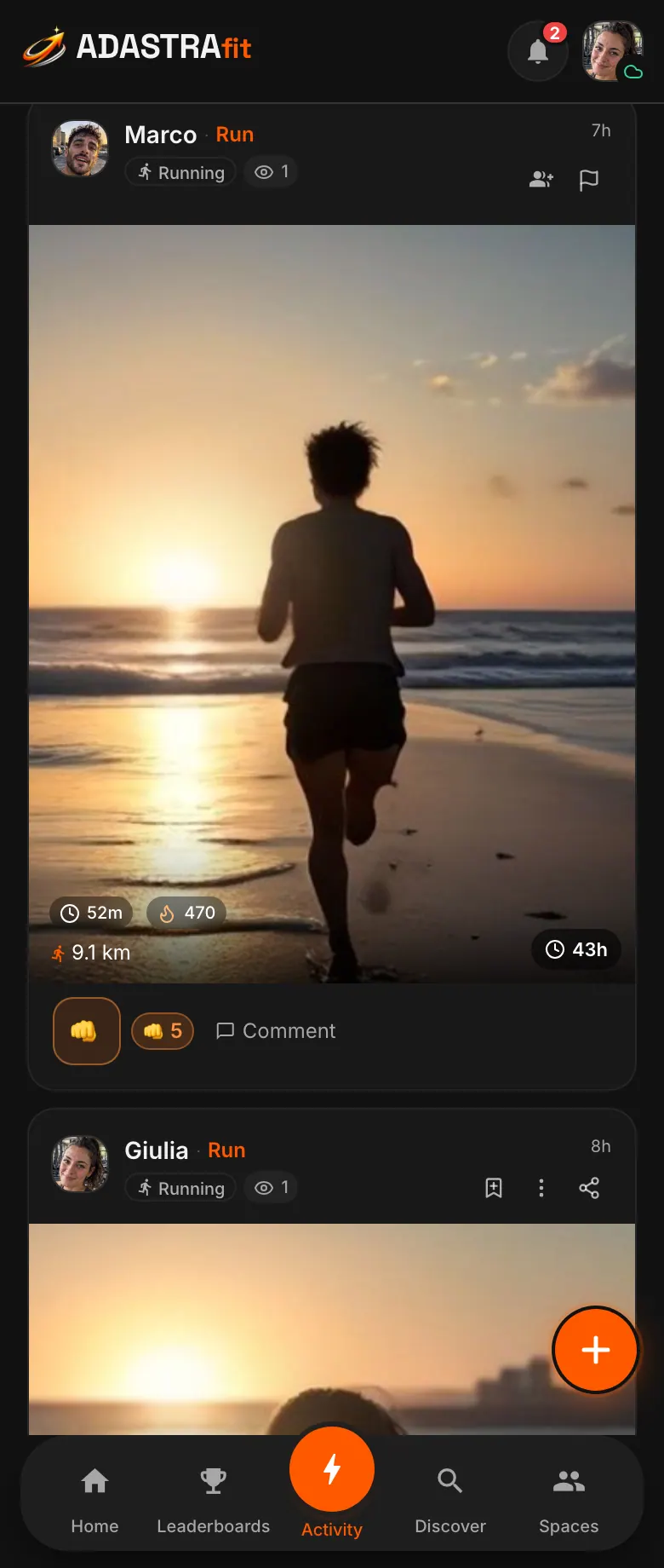 The ADASTRAfit Activity screen: verified workouts from group members and the group feed with photos and reactions.