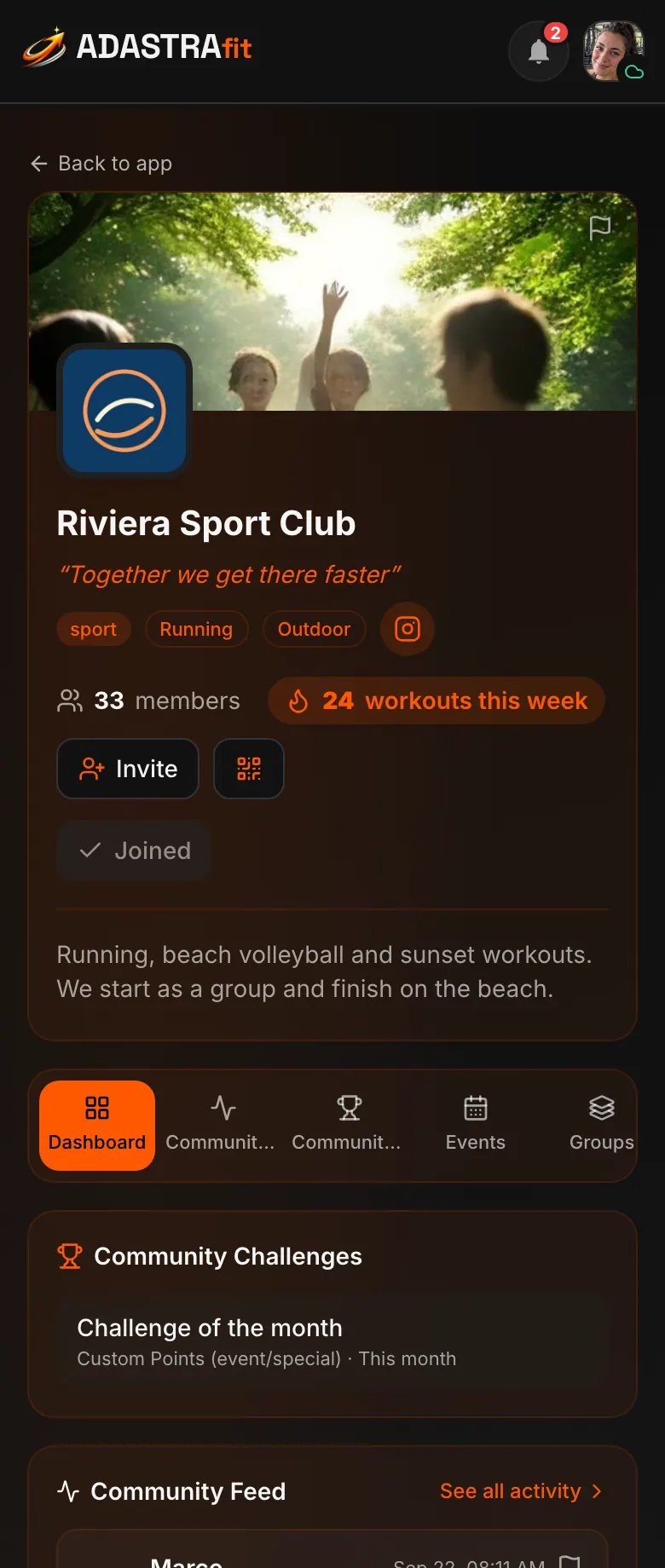 A community page on ADASTRAfit with banner, members, latest challenge and leaderboard.