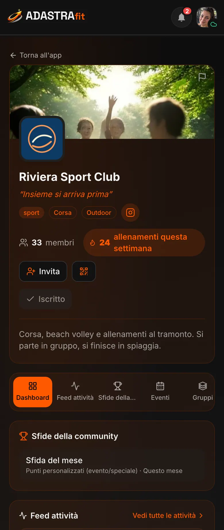 Pagina di una community su ADASTRAfit con banner, membri, ultima sfida e classifica.