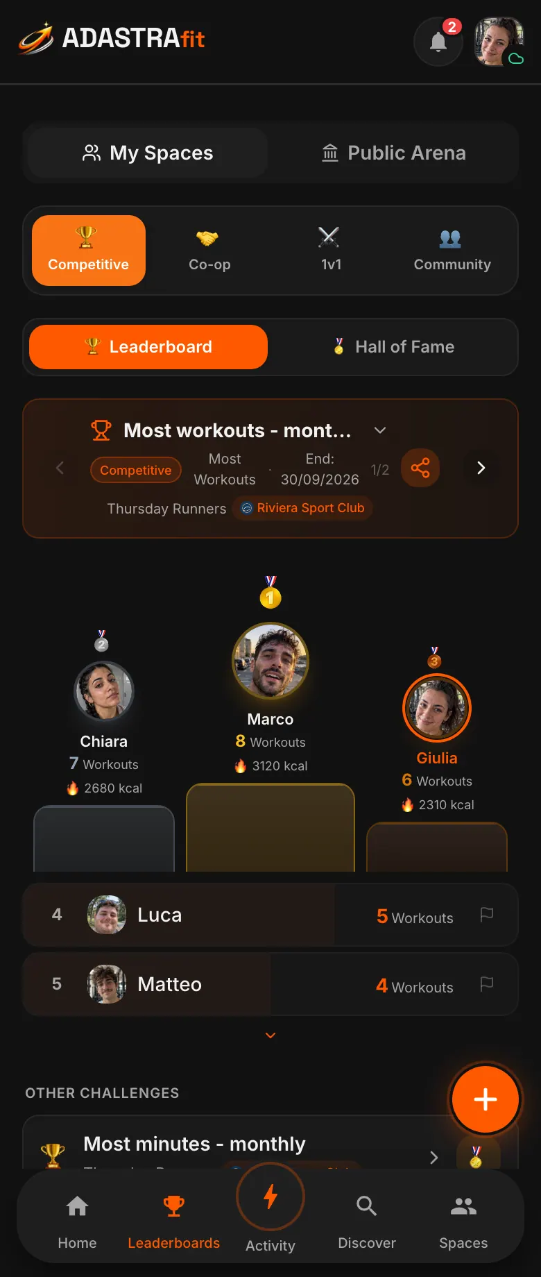 A group leaderboard on ADASTRAfit with podium, workouts and other active challenges.
