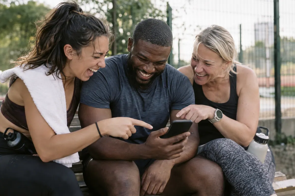 Friends looking at a leaderboard on a smartphone together.