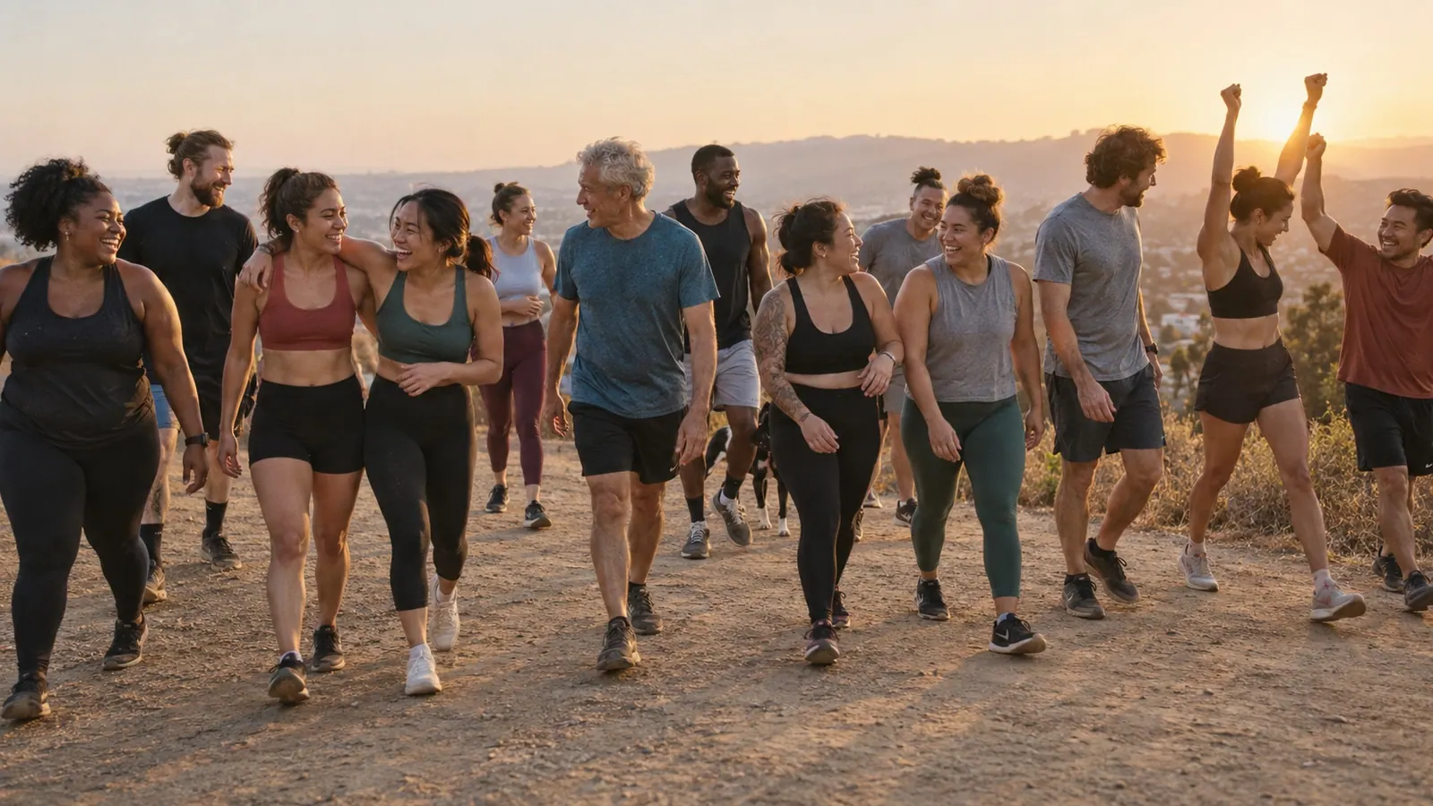 A group of people moving and celebrating together.