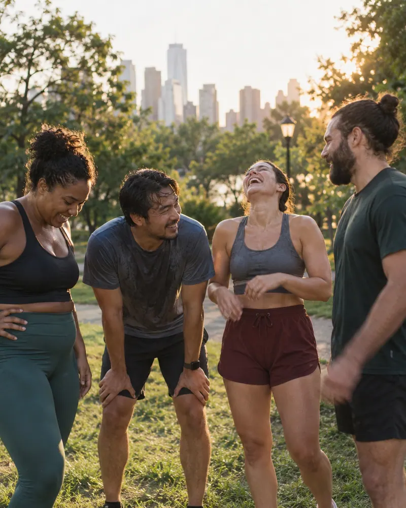 A group of smiling friends right after an outdoor workout.