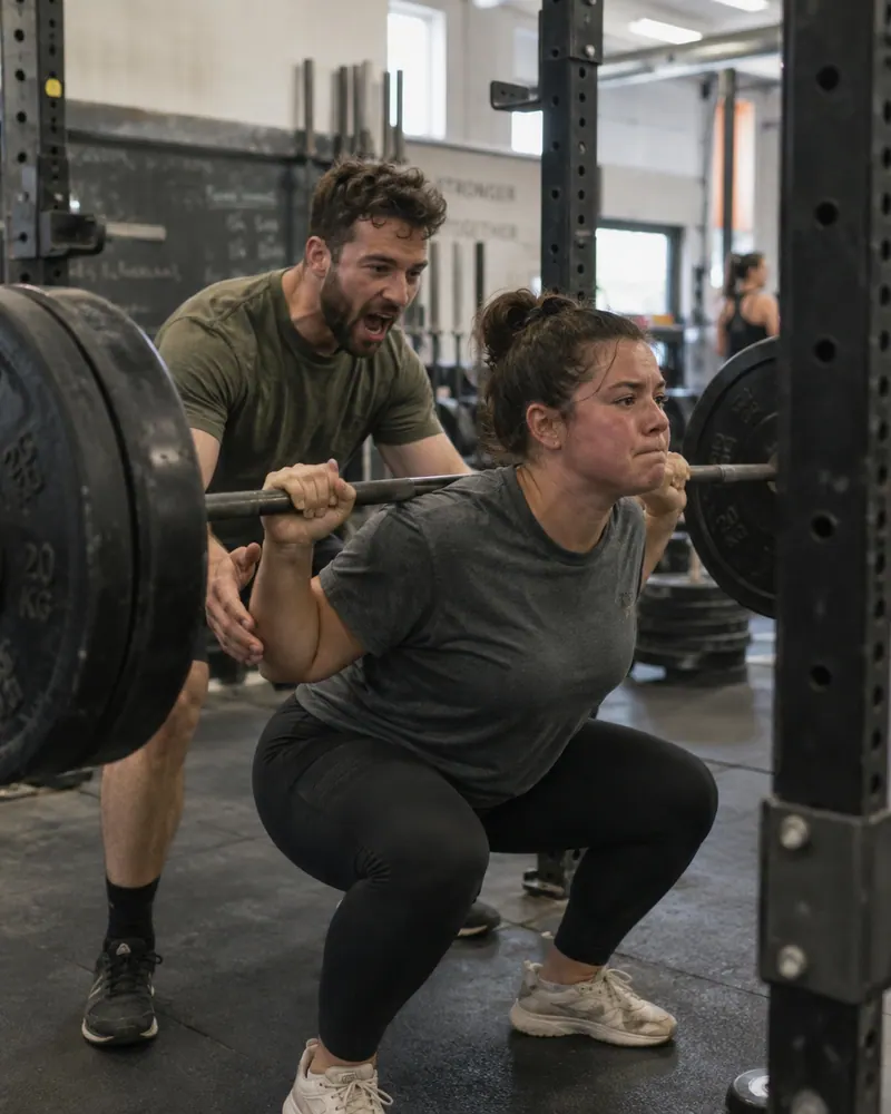 Two people training together at the gym, one cheering the other on.