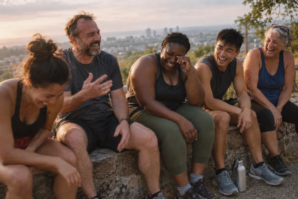 A group of friends laughing during an activity.